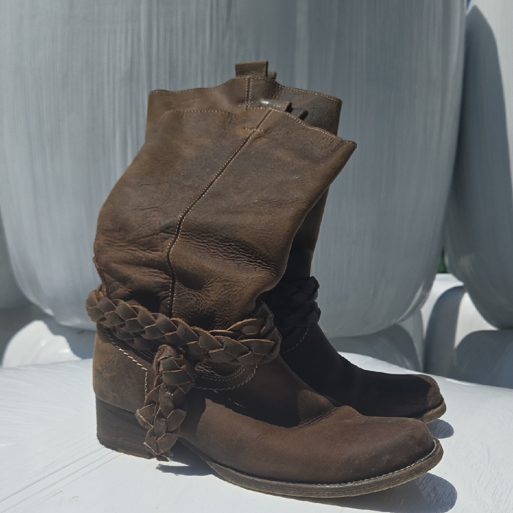 Bed Stu Brown Heeled Boots Distressed Leather